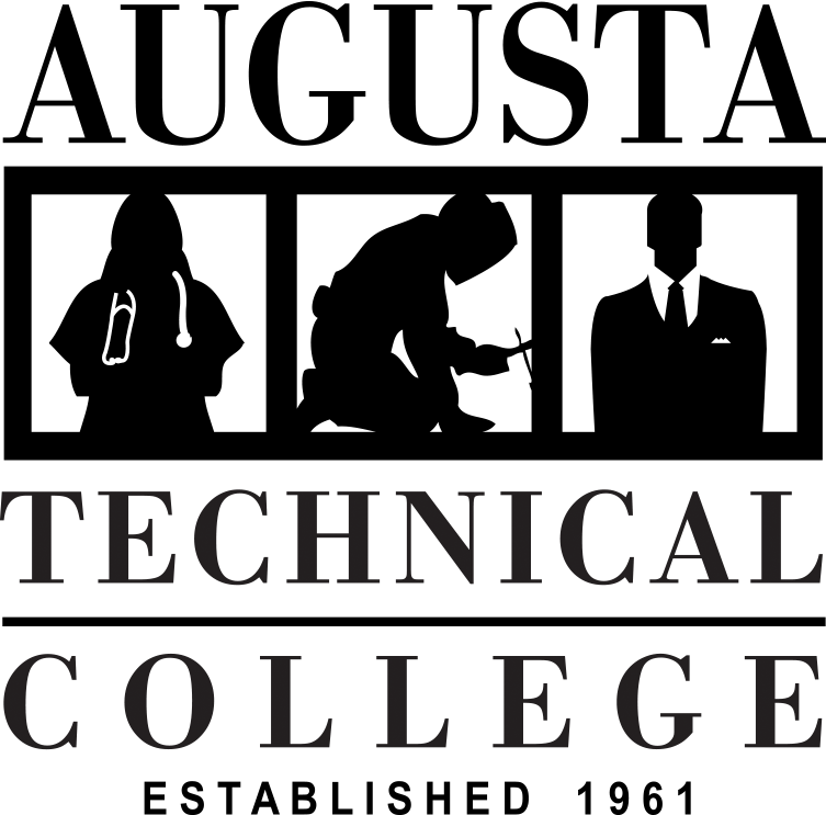 The Augusta Technical College Logo that is black in color.  The logo is a square shape that contains vertical stacking of the words Augusta Technical College Established 1961 in all caps.  The words AUGUSTA and TECHNICAL are separated by a row containing three squares.  Each square contains a silhouette image.  The first square contains a female with a white stethoscope around her neck.  The second square contains a person kneeling to the right wearing a welding helmet and holding a welding torch.  The third square contains a man standing at attention wearing a black business suit with a white pocket square, white collar dress shirt, and a black neck tie.  The words TECHNICAL and COLLEGE are separated by a solid black horizontal line.