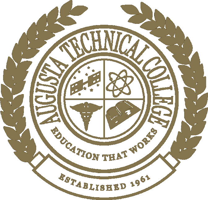 The Augusta Technical College seal in gold: An inner circle divided into four equal sections containing images (listed clockwise starting in the upper left): a satellite with stars around it, three electron rings with one electron on each, a book lying flat and placed diagonally with the left side lower, the far side is raised so the pages are visible, and a caduceus. A circular disc surrounding the inner ring contains the words Augusta Technical College on the upper ¾ of the ring, the lower quarter of the ring contains the words Education that Works; all text is in capitalized letters. A third outer ring composed of a banner containing the text Established 1961 is centered at the bottom with laurel leaves connecting on the right and left sides. The leaves wrap to the top of the seal, stopping at the H in and I in Technical on the center disc. 