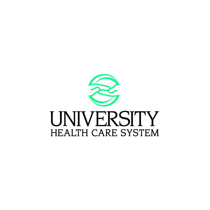 Unvirsity Health Care System logo composed of two blue-green hands with the fingers overlapping inside a blue-green outline circle above the word University in large black font. The words Health Care System are below the word University in smaller black font.
