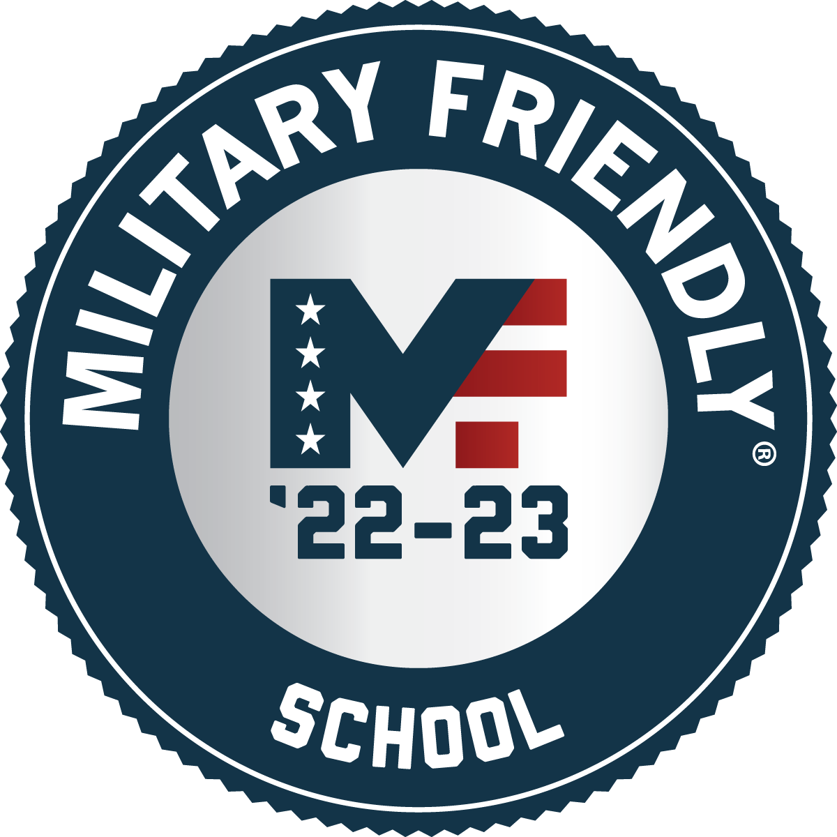 2022-2023 Military Friendly School logo - A blue multi-pointed award circle with a white circular outline close to the outside edge. The words Military Friendly circle the top half of a silver inner circle with the word School centered at the bottom. MF '22-23 is centered on the inner silver circle with the M's right leg composed of the F's leg. The M is navy blue with four white stars in a vertical line on the left leg. The F is composed of three red lines broken by three white lines. '22-23 is in navy blue font as well.