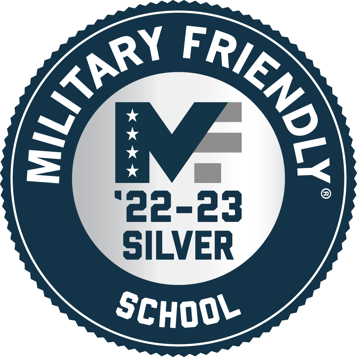 2022-2023 Military Friendly School Silver logo - A blue multi-pointed award circle with a white circular outline close to the outside edge. The words Military Friendly circle the top half of a silver inner circle with the word School centered at the bottom. MF '22-23 is centered on the inner silver circle with the M's right leg composed of the F's leg. The M is navy blue with four white stars in a vertical line on the left leg. The F is composed of three grey lines broken by three white lines. '22-23 Silver is in navy blue font as well.