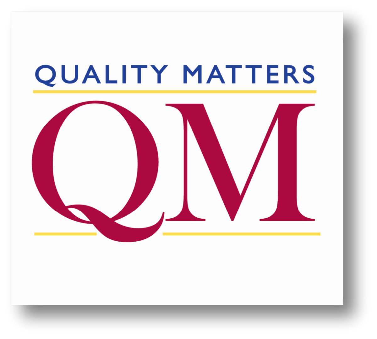 The Quality Matters logo composed of the the words Quality Matters in small, blue, capitalized san-serif font above a yellow horizontal line. The captialized letters Q and M are in red serif font centered on the logo between the two yellow horizontal lines.
