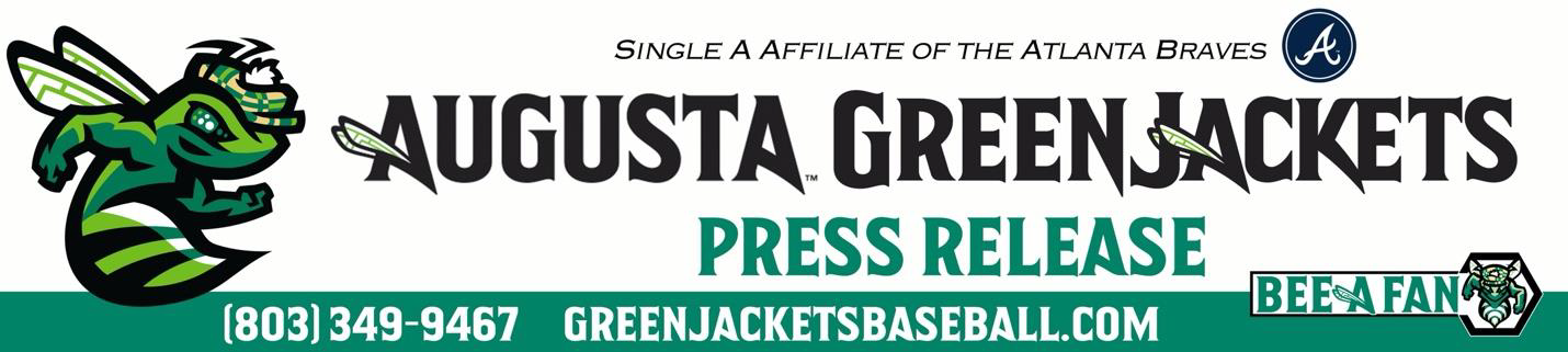 A greenjacket wearing a green and yellow plaid golf hat with a white fluff ball on top facing towards the right with muscular arms in a running position and the stinger curved inward and facing toward the right also. The words Augusta GreenJackets are in black stylized font with greenjacket wings on the A's to the right followed by the words Press Release in green stylized font centered below. Single A Affilitate of the Atlanta Braves is in smaller black italicized font followed by the Atlanta Braves A above Augusta Green Jackets. The phone number (803) 349-9467 and the website greenjacketsbaseball.cm are in white font in a green horizontal bar at the bottom of the image. Bee A fan is in green stylized font where the A is decorated with the greenjacket wings followed by a greenjacket in the running motion facing toward the viewer and wearing the green and yellow plaid golf hat with a white fluffy ball on top.