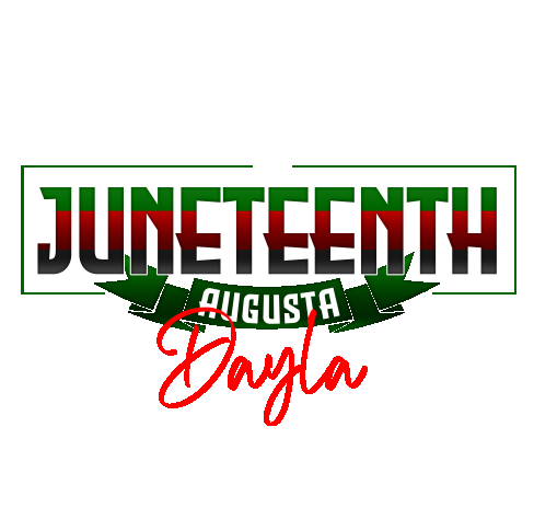 The Juneeteenth Dayla in Augusta logo composed of a black fist centered above the word Juneteenth which is surrounded by a green outline. The word Juneteenth is colored in three stripes horizontally: green, red and black from top to bottom. A green ribbon banner with the word Augusta in white font is centered below the word Juneteenth. Dayla is in red cursive font centered below the ribbon.