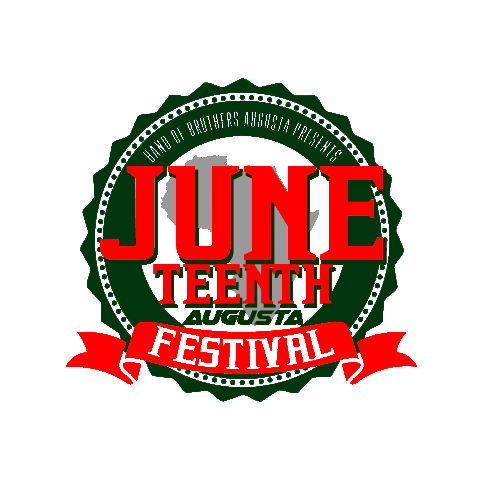 Juneteenth Festival in Augusta logo composed of a green seal stamp with the state of GA in green centered inside. The words Band of Brothers Presents are in white font on the inner upper portion of the inner ring of the ribbon stamp. The word Juneteenth is in red font broken over two lines with teenth in a smaller font on the second line. The word Augusta is in smaller green italicized font below teenth. A red ribbon banner is horizontal across the bottom of the green ribbon stamp with the word festival in white font.