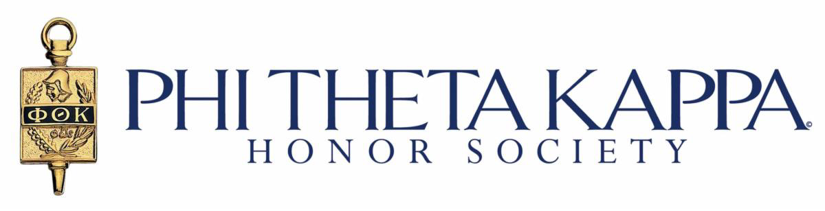 The Phi Theta Kappa logo composed of the words PHI THETA KAPPA in large navy blue capitalized letters above the words Honor Society in smaller navy blue capitalized letters. The gold Phi Theta Kappa pin is pictured to the left of the words.