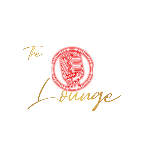 The Mahogany Lounge icon composed of a white retro stage mic surrounded by a white circle with red outlines. The word Mahogany is in white font and the circle mic replaces the O. The words The and Lounge are in gold metallic cursive font above and below the word Mahogany with the word the in smaller font.